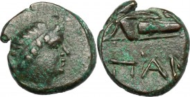 Continental Greece. Cimmerian Bosporos, Pantikapaion. AE 13mm, 2nd-1st century BC. D/ Head of Apollo right, laureate. R/ Bow in a bow-case. SNG Cop. 6...