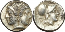 Greek Asia. Mysia, Lampsakos. AR Diobol, 4th-3rd century BC. D/ Janiform female head, wearing taenia. R/ Head of Athena right, helmeted. SNG BnF 1182-...