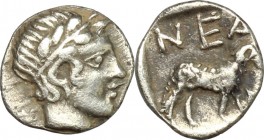Greek Asia. Troas, Neandria. AR Obol, 4th century BC. D/ Head of Apollo right, laureate. R/ Ram standing right. SNG Cop. 446. AR. g. 0.54 mm. 8.00 Ton...