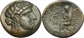 Greek Asia. Ionia, Smyrna. AE 23mm, 115-105 BC. D/ Head of Apollo right, laureate. R/ Homer seated left. SNG Cop. 1143. AE. g. 8.99 mm. 23.00 Brown pa...