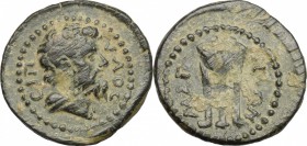 Greek Asia. Lydia, Magnesia ad Sipylos. Pseudo-autonomous issue. AE 16mm, 138-192. D/ Head of the personification of Mount Siplyos right,. R/ Tripod. ...