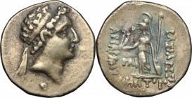 Greek Asia. Kings of Cappadocia. Ariarathes VII, Philometor (116-101 BC). AR Drachm. D/ Head of Ariarathes VII right, wearing diadem; below, symbol. R...