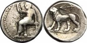 Greek Asia. Seleucid Kingdom. Seleukos I Nikator (312-281 BC). AR Double Shekel, Babylon mint, 311-305 BC. D/ Baal seated left, holding scepter. R/ Li...