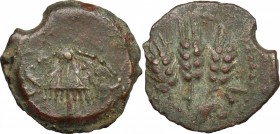 Greek Asia. Judaea, Jerusalem. Herodian Kings. Agrippa I (37-44). AE Prutah, 37-44. D/ Umbrella-like canopy with fringes. R/ Three corn-ears. Hendin 1...
