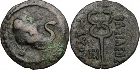 Greek Asia. Baktria. Manes (85-80 BC). AE 27mm, 85-80 BC. D/ Head of elephant right. R/ Caduceus. Alram 961. AE. g. 9.40 mm. 27.00 Dark green patina. ...