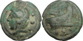Libral Janus/Prow right series. AE Cast Quadrans, 225-217 BC. D/ Head of Hercules left, wearing lion's skin; behind, three pellets. R/ Prow right. Cr....