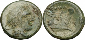 Semilibral series. AE Semuncia, ca. 217-215 BC. D/ Head of Mercury right, wearing winged petasus. R/ Prow right. Cr. 38/7. AE. g. 6.46 mm. 21.00 Olive...