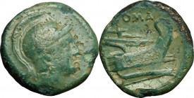 Semilibral series. AE Quartuncia, 217-215 BC. D/ Head of Roma right, helmeted. R/ Prow right,. Cr. 38/8. AE. g. 2.67 mm. 15.00 Bright green patina. Ab...