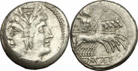 AR Didrachm, Sicily mint, 214-212 BC. D/ Janiform heads of Dioscuri, laureate. R/ Jupiter in quadriga - driven by Victoria - right, hurling thunderbol...