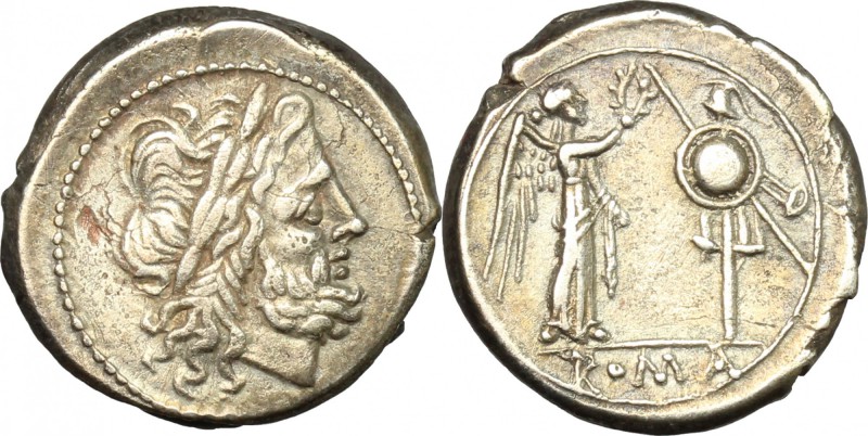 AR Victoriatus, ca. after 218 BC. D/ Head of Jupiter right, laureate. R/ Victory...