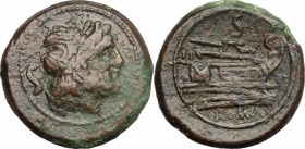 Sextantal series. AE Semis, after 211 BC. D/ Head of Saturn right, laureate; behind, S. R/ Prow right; above, S. Cr. 56/3. AE. g. 23.35 mm. 29.00 Brow...