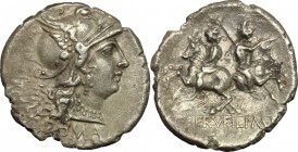C. Servilius M.f. AR Denarius, 136 BC. D/ Head of Roma right, helmeted. R/ Dioscuri galloping in opposite directions. Cr. 239/1. AR. g. 3.79 mm. 20.00...