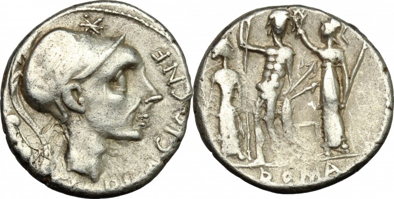 Cn. Blasio Cn. f. Denarius, 112-111 BC. D/ Head of Mars (?) right, helmeted. R/ ...
