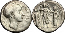 Cn. Blasio Cn. f. Denarius, 112-111 BC. D/ Head of Mars (?) right, helmeted. R/ Jupiter standing between Juno and Minerva; Jupiter holding scepter and...