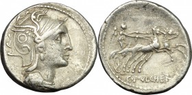 C. Claudius Pulcher. AR Denarius, 110-109 BC. D/ Head of Roma right, helmeted. R/ Victory in biga right, holding reins. Cr. 300/1. AR. g. 3.80 mm. 19....