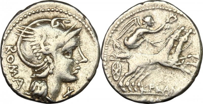 L. Flaminius Chilo. AR Denarius, 109-108 BC. D/ Head of Roma right, helmeted. R/...