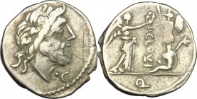 T. Cloelius. AR Quinarius, 98 BC. D/ Head of Jupiter right, laureate. R/ Victory right, crowning trophy; before trophy, captive; beside, carnyx. Cr. 3...