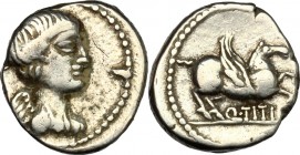 Q. Titius. AR Quinarius, 90 BC. D/ Bust of Victory right, draped. R/ Pegasus right. Cr. 341/3. AR. g. 2.04 mm. 13.00 VF.