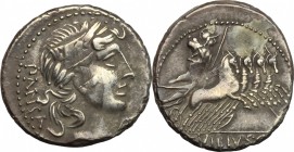 C. Vibius C. f. Pansa. AR Denarius, 90 BC. D/ Head of Apollo right, laureate. R/ Minerva in quadriga right; holding spear, reins and trophy. Cr. 342/5...