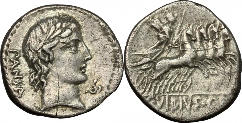 C. Vibius C. f. Pansa. AR Denarius, 90 BC. D/ Head of Apollo right, laureate; be...