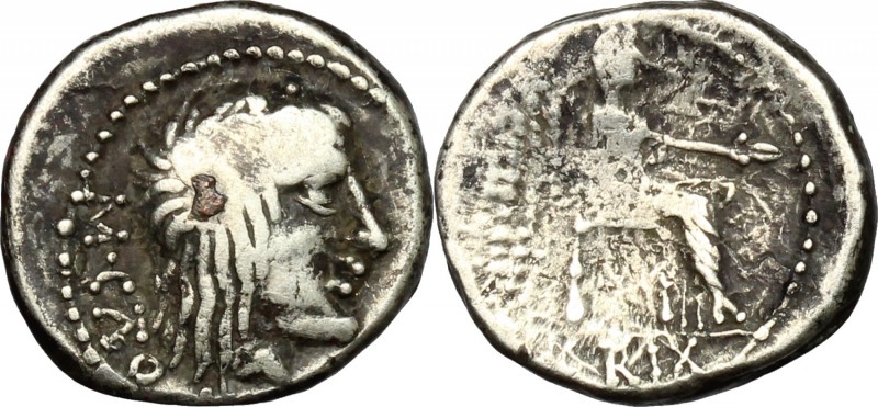 M. Porcius Cato. AR Quinarius, 89 BC. D/ Head of Liber right, wearing ivy-wreath...