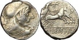 Cn. Cornelius Lentulus Clodianus. AR Denarius, 88 BC. D/ Bust of Mars right, helmeted, seen from behind. R/ Victory in biga right, holding reins and w...