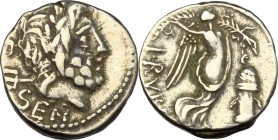 L. Rubrius Dossenus. AR Quinarius, 87 BC. D/ Head of Neptun right; over shoulder, trident. R/ Victoria standing right; holding wreath and palm; before...