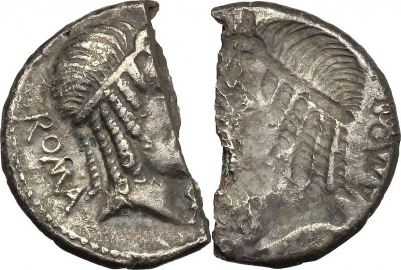 M. Caecilius Metellus. Halved AR Brockage Denarius, 82-80 BC. D/ Head of Apollo ...