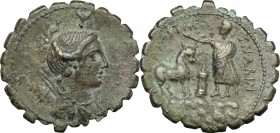 A. Postumius A.f. Sp. n. Albinus. AR Denarius serratus, 81 BC. D/ Bust of Diana right, draped, with bow and quiver over shoulder; above head, bucraniu...