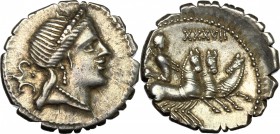 C. Naevius Balbus. AR Denarius serratus, 79 BC. D/ Head of Venus right, diademed. R/ Victory in triga right. Cr. 382/1. AR. g. 3.91 mm. 18.00 Good VF.