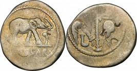 Julius Caesar. AR Denarius, Uncertain mint, 49-48 BC. D/ Elephant right; before, snake. R/ Culullus, aspergillum, axe and apex. Cr. 443/1. AR. g. 3.69...