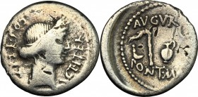 Julius Caesar. AR Denarius, Uncertain mint, 46 BC. D/ Head of Ceres right. R/ Culullus, aspergillus, jug and lituus. Cr. 467/1. AR. g. 3.33 mm. 18.00 ...