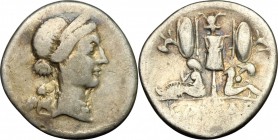 Julius Caesar. AR Denarius, Hispania mint, 46-45 BC. D/ Haad of Venus right; behind, Cupid. R/ Trophy with oval shield and carnyx in each hand; to foo...