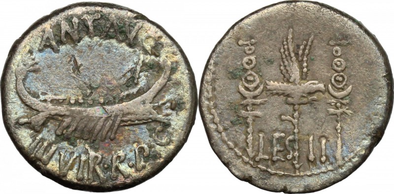 Mark Antony. AR Denarius, 32-31 BC. D/ Praetorian galley right. R/ LEG II. Legio...