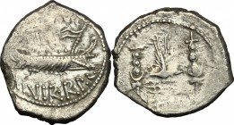 Mark Antony. AR Denarius, 32-31 BC. D/ Praetorian galley right. R/ LEG [ ]. Legionary eagle between two standards. Cr. 544/(?). AR. g. 3.39 mm. 18.00 ...