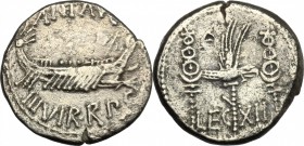 Mark Antony. AR Denarius, 32-31 BC. D/ Praetorian galley right. R/ LEG XII. Legionary eagle between two standards. Cr. 544/26. AR. g. 3.53 mm. 16.00 T...