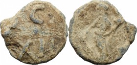 PB Tessera, c. 1st century AD. D/ C / XII. R/ Fortuna standing left, holding rudder and cornucopiae. Rostowzew 252. PB. g. 3.71 mm. 18.00 About VF.