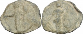 PB Tessera, c. 1st century AD. D/ Figure standing left, holding patera and long scepter. R/ Fortuna standing left, holding rudder and cornucopiae. PB....