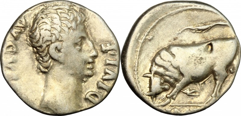 Augustus (27 BC - 14 AD). AR Denarius, Lugdunum mint, 11-10 BC. D/ Head right. R...