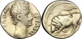 Augustus (27 BC - 14 AD). AR Denarius, Lugdunum mint, 11-10 BC. D/ Head right. R/ Bull butting left. RIC (2nd ed.) 169 or 178A or 189A. AR. g. 3.79 mm...