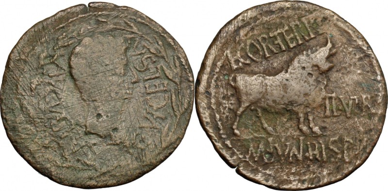 Augustus (27 BC - 14 AD) with L. Cornelius Terrenus and M. Junius Hispanus. AE 3...