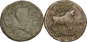 Augustus (27 BC - 14 AD) with L. Cornelius Terrenus and M. Junius Hispanus. AE 31mm, Hispania, Celsa mint, 27 BC-14 AD. D/ Head right, within wreath. ...