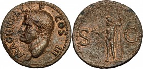 Agrippa (died in 12 AD). AE As, 37-41. D/ Head left, wearing rostral crown. R/ Neptune standing left, cloaked, holding dolphin and trident. RIC (2nd e...