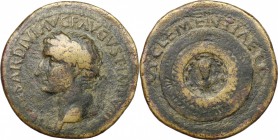 Tiberius (14-37). AE Dupondius, 16-22. D/ Head left, laureate. R/ Shield with head of Tiberius, in laurel wreath. RIC (2nd ed.) 38. AE. g. 16.13 mm. 3...