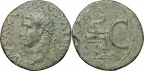 Tiberius (14-37). AE As, 15-16. D/ Head of Augustus left, radiate; above, star; before, thunderbolt. R/ Female figure seated right, holding patera and...
