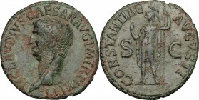 Claudius (41-54). AE As, 50-54. D/ Head left. R/ Constantia standing left in military attire, helmeted, raising right hand and holding spear in left. ...