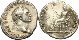 Vespasian (69-79). AR Denarius, 70 AD. D/ Head right, laureate. R/ Pax seated left, holding branch and winged caduceus. RIC (2nd ed.) 29. AR. g. 3.17 ...