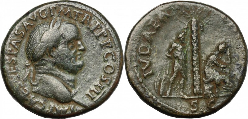 Vespasian (69-79). AE Sestertius, 71 AD. D/ Head right, laureate. R/ JUDAEA CAPT...