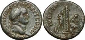 Vespasian (69-79). AE Sestertius, 71 AD. D/ Head right, laureate. R/ JUDAEA CAPTA. Judaea seated right under palm tree in attitude of mourning; behind...
