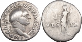 Vespasian (69-79). AR Denarius, 72-73. D/ Head right, laureate. R/ Vesta standing left, holding simpulum and scepter. RIC (2nd ed.) 360. AR. g. 3.04 m...